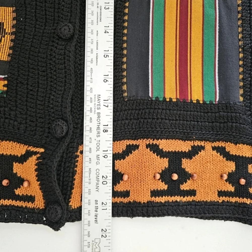 Vintage N8tive Nits Cardigan Sweater Womens Size M Black Gold African Pattern‎